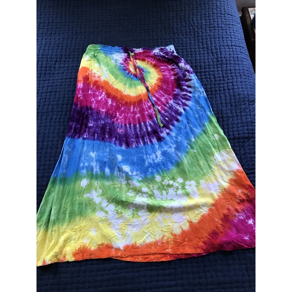 Tie Dye Skirt L Rainbow Maxi Rayon Hippie Boho Festival Dharma Trading Co